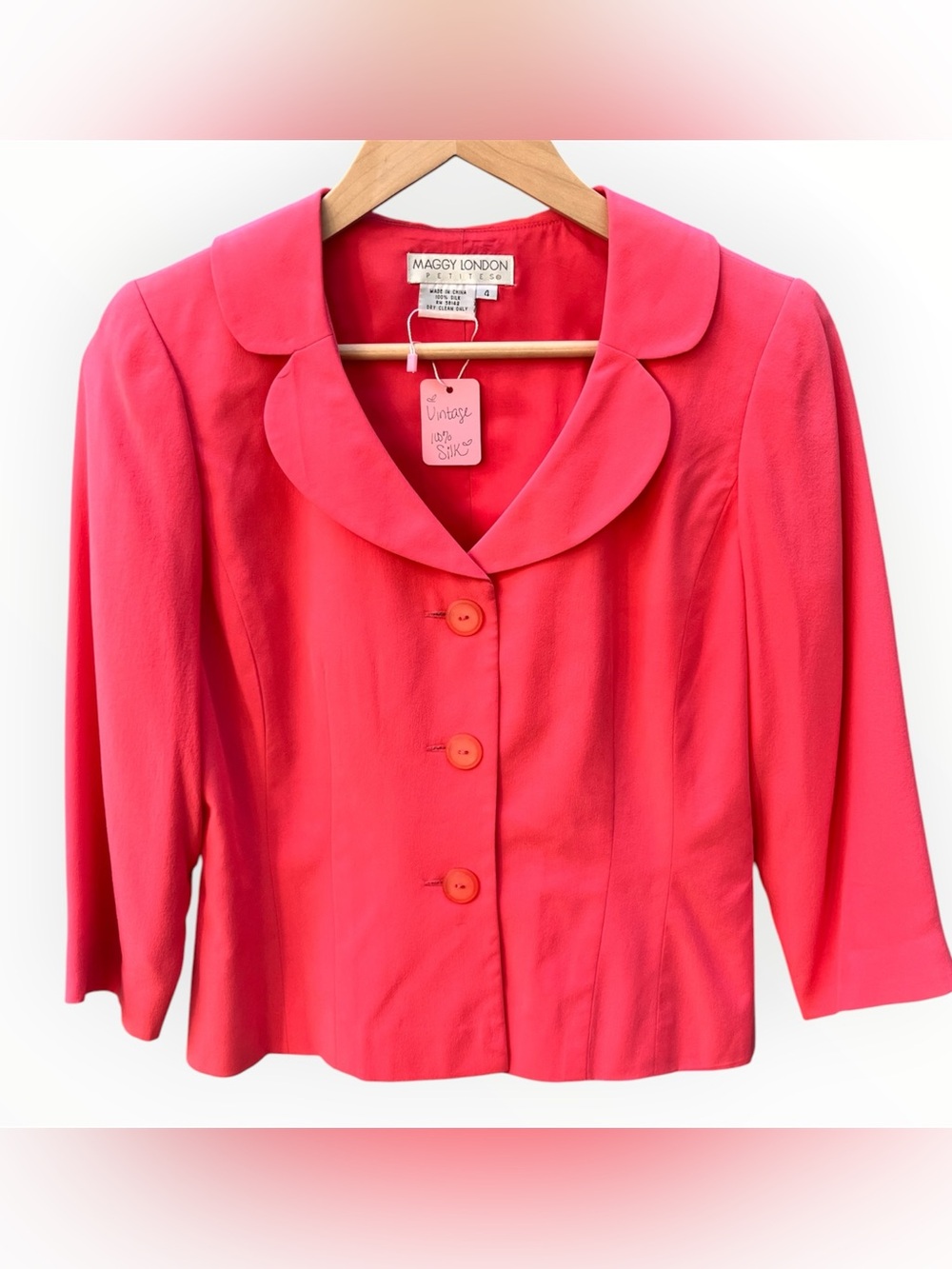 Vintage 100% Silk Maggy London Petite Hot Pink Blazer Jacket Size 4